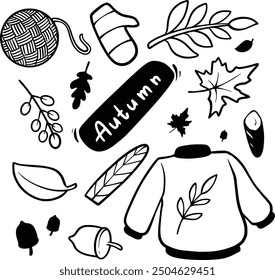 Hand Drawn Autumn Outline Art. legant hand-drawn outlines of autumn leaves, acorns, and nature elements. Ideal for minimalist designs, coloring books, and sophisticated seasonal decor.