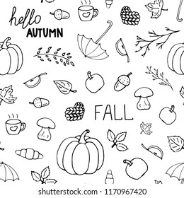 Hand drawn autumn outline. Seamless pattern fall leaves, lettering, umbrella, apple, mushroom, pumpkin, coffee, croissant, knitted heart, acorn on white background. Vector illustration. 