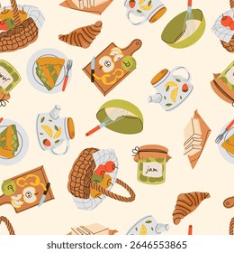 Hand drawn autumn pattern. Hello autumn. Collection of fall season scrapbooking elements with sweets, home leisure. Background for fabric, wallpaper or gift wrapping print