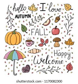 Hand drawn autumn pattern set. Fall leaves, lettering, umbrella, apple, mushroom, pumpkin, coffee, croissant, knitted heart, acorn on white background. Vector illustration. Elements of design.