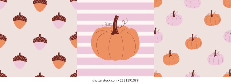 Hand drawn autumn patterns. Orange and pink autumn colors. Cute pumpkin and acorn nuts. Hello autumn. Seasonal print. Fall cute background.