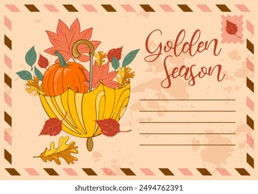 hand drawn autumn postcard with leaves and lettering 