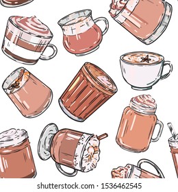 Hand drawn autumn romantic seamless pattern with cute cups, mugs, coffee, cocoa and more. Vector illustration on white background for home textile, wallpaper, decor, pakaging