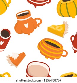 Hand drawn autumn seamless pattern with cute cups, mugs, hearts, coffee, cocoa and more. Vector illustration background in yellow, orange, green and white colors
