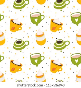 Hand drawn autumn seamless pattern with cute cups, mugs, hearts, coffee, cocoa and more. Vector illustration background in yellow, orange, green and white colors