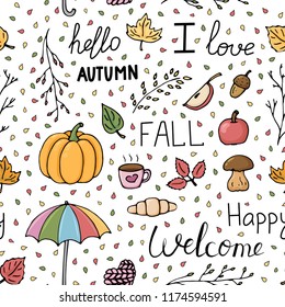 Hand drawn autumn seamless pattern. Fall leaves, lettering, umbrella, apple, mushroom, pumpkin, coffee, croissant, knitted heart, acorn on white background. Vector illustration. 
