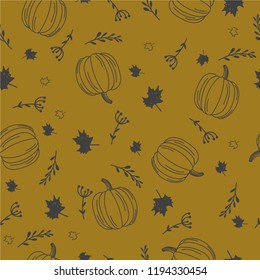 Hand drawn autumn seamless pattern. Vector background. Wrapping paper template.