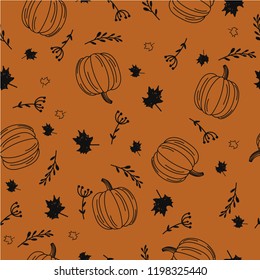 Hand drawn autumn seamless pattern with pumpkins and leaves. Vector backdrop. Wrapping paper template. Halloween.