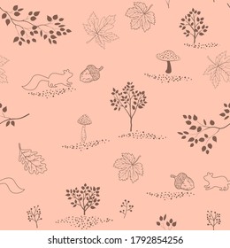 Hand drawn autumn seamless pattern with maple leaves,squirrels,acorns and mushrooms for decorative,apparel,textile,print or wallpaper,vector illustration