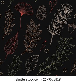 Hand drawn Autumn seamless pattern. Vector botanical background with forest branches and fall leaves, pine cone, acorn. Floral design. Perfect for wrapping paper, fabric, textile, posters
