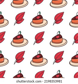 Hand Drawn Autumn Seamless Pattern With Cherry Cake. Background With Cute Cozy Decorative Design Elements. Fall Print With Cake And Leaves Vector Illustration. Pastry Template For Wallpaper, Textile