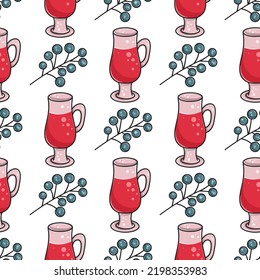 Patrón sin fisuras del otoño dibujado a mano con bayas y vino a la parrilla. La decoración es muy acogedora. Impresión de caída con ilustración vectorial de bebida caliente. Plantilla para papel de pared, textil