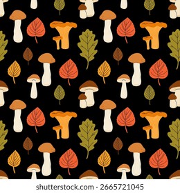 Dibujado a mano otoño sin patrón con calabaza, hojas, setas, amanita. Patrón sin costuras de Vector de otoño de dibujos animados planos coloridos. Perfecto para la materia textil, tela, fondo de repetición, papel de embalaje, etc