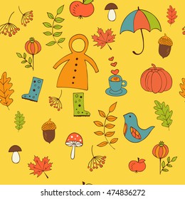 Hand drawn autumn seamless pattern with leaves, mushrooms, umbrella, pumpkin, bird, slicker. Bright pattern. Autumn template. Use for wallpaper, pattern fills, web page background