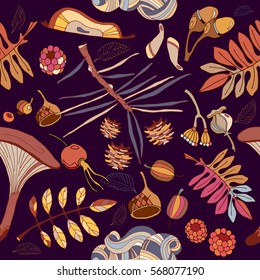 Hand drawn autumn seamless pattern autumn leaves, mushrooms, acorns wild forest cute fall pattern 