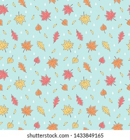 Hand drawn autumn seamless repeat vector pattern. Maple, oak, ash leaves, rain drops. Doodle style ink cute drawings with artistic uneven edge. Colorful nature, botanical retro, vintage background.