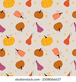 Patrón de calabaza brillante de Vector sin costuras dibujado a mano con estrellas. Lindo fondo. Conveniente para la decoración, festival de la cosecha, halloween, scrapbooking, comida sana.
