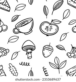Hand drawn autumn season elements line art signs seamless pattern. Monochrome outline vector illustration. Isolated on white background.