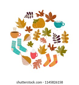 Hand drawn Autumn seasons holiday Hugge doodle icons with leaves, cup of tea, cocoa, chocolate, pumpkin, marshmallow, warm socks isolated on white. Vector illustration for banners, cards, posters