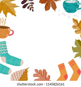 Hand drawn Autumn seasons holiday Hugge doodle icons with leaves, cup of tea, cocoa, chocolate, marshmallow, warm socks isolated on white. Vector illustration for banners, greeting cards, posters