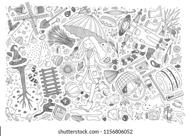 Hand drawn autumn set doodle vector background