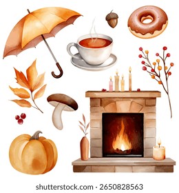 Hand drawn autumn set with hot drink, pumpkin, fireplace, donut and leaves. Watercolor fall illustration