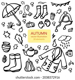 Hand drawn autumn set with leaves, mushrooms, gloves, scarf, honey, clouds. Black line doodle collection. Vector illustration.