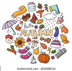 Conjunto de objetos y símbolos dibujados a mano en otoño. Doodle sobre un tema de otoño en color.