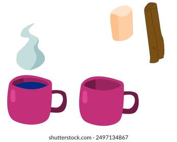 A hand drawn autumn set of: cinnamon, marshmallow, empty pink cup (mug), filled with beverage cup (mug) with steam on top. Isolated on white background. Vector illustration.