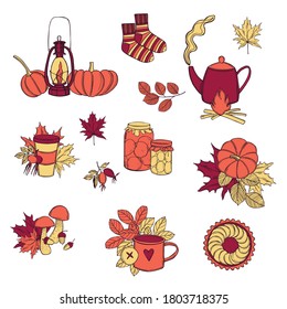 Hand drawn autumn set  on white background. Vector sketch  illustration