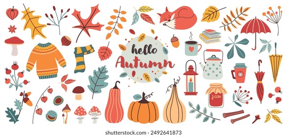 Hand drawn autumn set in trendy design. Bright cute illustrations in flat style. Leaves, pumpkins, clothes, umbrellas, candle lantern, fox, etc.
