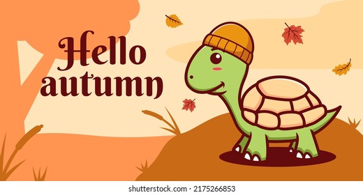 Hand drawn autumn social media banner template with turtle illustration