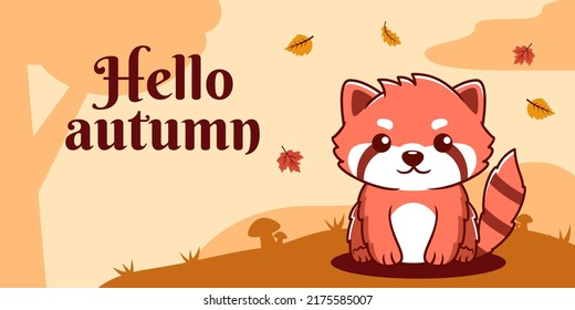 Hand drawn autumn social media banner template with red panda illustration