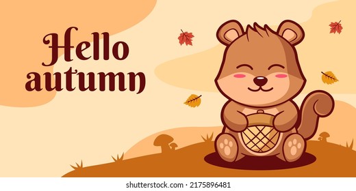 Hand drawn autumn social media banner template with squirrel illustration