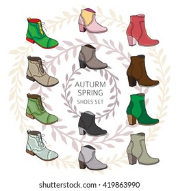 Hand drawn autumn and spring shoes set on brown and beige background. Leaves circles background. 