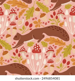 Hand drawn Autumn Squirrel and mushrooms vector seamless pattern