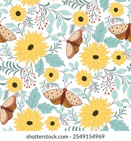 Hand drawn Autumn Sunflowers and Leaves vector seamless With Colourful all over print with Moths Pattern