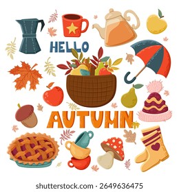 Hand drawn autumn symbols. Autumn leaves, forest plants, cozy food, warm clothes and fruit basket, cute fall season elements vector illustration icons set. Cute cozy autumn elements for banner design,
