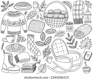 Hand drawn autumn symbols vector set. Doodle fall elements sketches set. Sweater, rocking armchair, scarf, boot, autumn food, foliage and cozy textile.