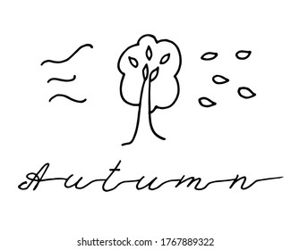 Hand drawn autumn tree with flying leaves. Hand written lettering Autumn. Autumn landscape, falling leaves. Simple doodle vector illustration isolated on white.