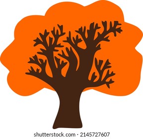 Hand drawn autumn tree for forest icon, wildlife background, kids book landscape. Childish colored doodle of old branched oak tree. Orange crown spot, thick brown trunk. Illustration for kindergarten.