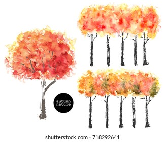 Hand drawn autumn trees. Bright orange and red trees with watercolor stain tops and graphic trunks. For motivational cards, fall design.