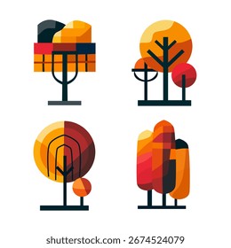 Árboles de otoño dibujados a mano, Elementos de diseño en estilo Bauhaus. Se puede utilizar para tarjetas, invitaciones, Anuncios, carteles, diseño de impresión, fondo de vacaciones de temporada. Tema de otoño
