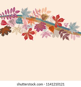 Hand drawn autumn typography poster with colorful leaves in flat style. Vector illustration for Thanksgiving day, greeting cards, invitations. Seasonal frame, border for sale, web banner template
