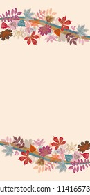 Hand drawn autumn typography poster with colorful leaves in flat style. Vector illustration for Thanksgiving day, greeting cards, invitations. Seasonal frame, border for sale, web banner template