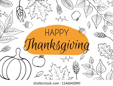Hand drawn autumn typography poster - colorful leaves in flat style. Vector illustration for Happy Thanksgiving day, greeting cards, invitations. Seasonal frame, border for sale, web banner template