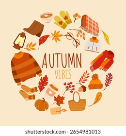 Hand drawn autumn vector illustration. Background with autumn elements. Autumn design elements with Autumn Vibes lettering text!