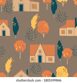 Hand drawn autumn vector pattern with trees and house.