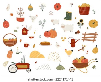 Hand drawn Autumn vector set. Fall season cozy attributes cliparts bundle. Cute design element Dried leaves, harvest, boots, pie, cup, pumpkin, tractor, sheeps and birds. Isolated on white background