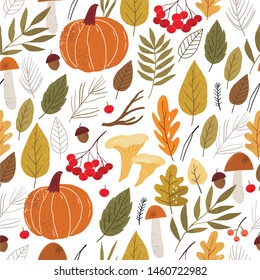 Hand drawn Autumn wild forest hand seamless pattern. Autumn botanical leaves, flowers, berries, trees and textures
